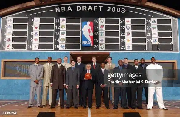 NEW YORK - JUNE 26: (L to R) Carmelo Anthony, Chris Bosh, Jarvis Hayes, Maciej Lampe, Kirk Hinrich, Chris Kaman, NBA Commissioneer David Stern, Darko Milicic, T.J. Ford, Zarko Cabarkapa, Dwyane Wade, Nick Collison, Reece Gaines, Mike Sweetney and LeBron James poses for a photo prior to the 2003 NBA DRAFT at the Paramount Theater at Madison Square Garden on June 26, 2003 in New York, New York. NOTE TO USER: User expressly acknowledges and agrees that, by downloading and/or using this Photograph, User is consenting to the terms and conditions of the Getty Images License Agreement. (Photo by Nathaniel S. Butler/NBAE via Getty Images)